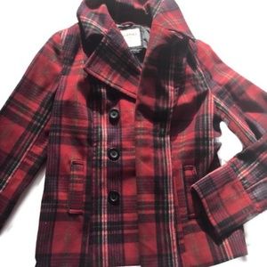 Red and Black Plaid Short Peacoat 